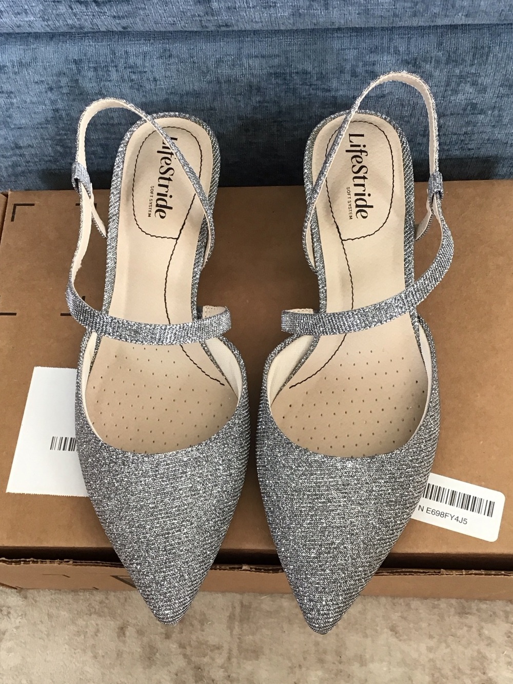 Life Stride Silver Glitter Pointed Toe Slingback Heels